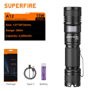 SUPERFIRE Tactical Flashlight A20 1700 Lumens Super Bright Type-C 18650 Flash Light Rechargeable Portable Waterproof Torchlight For Camping Hiking Expedition