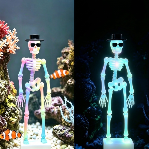 FORTUNESS Wear Hat Sunglasses Dancing Skeleton Aquarium Bubbler Plastic 3D Printed Fish Tank Dance Skull Ornament Unique Gothic Movable Oxygen Skeleton Halloween Decor