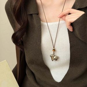 HORAC Silver Color Sheep Pendant Necklace Metallic Finish Brushed Texture Cute Lamb Choker Green Bead Neckwear Niche Style Sweater Long Chain Daily Outfit