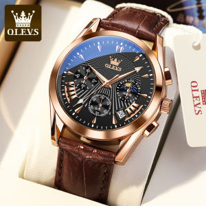 Luxury watch for men OLEVS Fashion Brown Genuine Leather Strap water proof original japan Multifunctional Calendar Luminous Watch