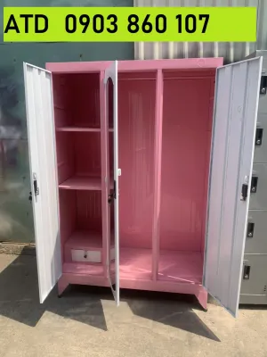 Tủ sắt 3 cánh ngang 1m2 cao 1m8 sơn tĩnh điện màu hồng cao cấp - Nội Thất ATD chuyên tủ quần áo sắt