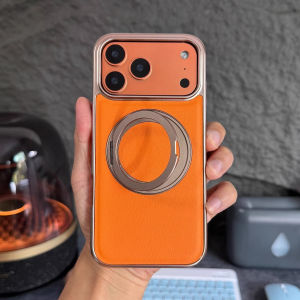 Bracket Soft Leather Case for iPhone 17 16 Pro Max Magne Matte Phone Cases Luxury Plating Frame Cover Non-slip Pu Shell Coque