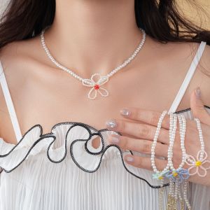 COSE Colorful Flower Necklace Handmade Jewelry Imitation Pearl Necklace Vintage Clavicle Chain Beads Choker Girls