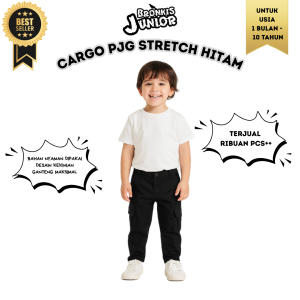 Bronkis Junior Celana Cargo Panjang Anak Laki Laki Bahan Stretch Warna Hitam Usia 1 Bulan Sampai 6 Tahun