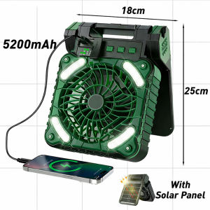 X99 Solar Camping Fan With Panel 5000mAh Rechargeable Tent Fan 4 Gears Strong Wind LED Light Power Bank