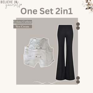 One Set 4 in 1 (Celana Cutbray + Manset Kaos + Vest + Jilbab Segi Empat) Setelan Rompi Wanita HO64M