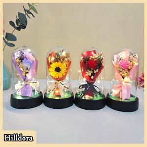 [Hilldora] สบู่รูปกุหลาบอ่อนแบบนิรันดร์1เซ็ตฝาปิดอะคริลิคไฟ LED ของขวัญวันวาเลนไทน์สำหรับแฟนคุณแม่งานแต่งงานของขวัญเพื่อนเจ้าสาว