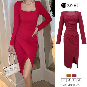 ZYHT（ล้างสต๊อก ใช้คูปอง299บาทขึ้นไป）เดรสผู้หญิง เดรสสีเหลือง เดรสสีกุหลาบแดง เดรสแขนยาว เดรสทำงาน เดรสออกงาน เดรสเซ็กซี่ เดรสเกาหลี ชุดออกงาน EraVogue 30005