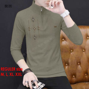 Ranihijab - Sweater rajut pria Baju muslim koko resleting zipper zipko motif bordiran kerah tinggi turtleneck tangan panjang switer rajutan laki-laki warna mocca