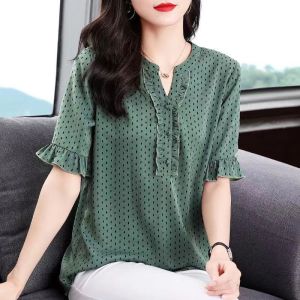 100 KG Fat Girl Can Wear Plus Size V neck Polka Dot Ruffle sleeve Shirts Women Korean Style Temperament elegant Short sleeve Ladies T-shirt with button New design Trendy blouse