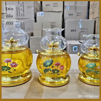Đồ thờ Bình An - Đèn dầu thờ Lưu ly Pha lê Hoa Sen 050 - Tâm kinh Bát Nhã - Decor Phong thủy Ban thờ