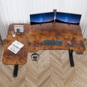 Mxtark Standing Desk Elektrik Adjustable 1.5M L-Shaped with Wheels - Desain Minimalis Warna Ivory/Arang/Biru Laut
