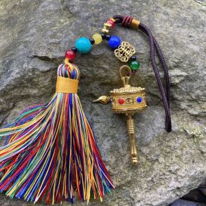 LANGJ Tassel Tibetan Prayer Tassel Pendant Colourful Handwoven Spinning Wheel Keyring Good Luck Spinning Drum Six-character Mantra Keychain Car Pendant