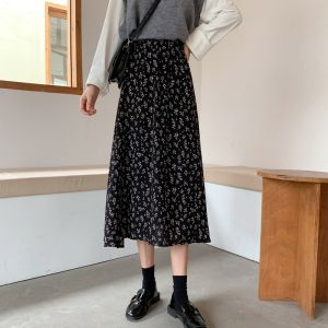 Newlan Qz005 Rok Korean Style Panjang A-Line Pinggang Tinggi Rok Floral（Panjang 74-76cm）