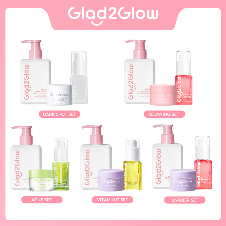 Glad2Glow Skincare Set 3pcs Set Milk Cleanser + Serum + Moisturizer Serum Wajah Pelembab Wajah Face Wash
