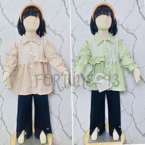 Setelan terbaru anak perempuan import korean style motif salur usia 3 - 12 tahun set tunik kekinian celana cargo model terbaru 2024 set anak viral - COD