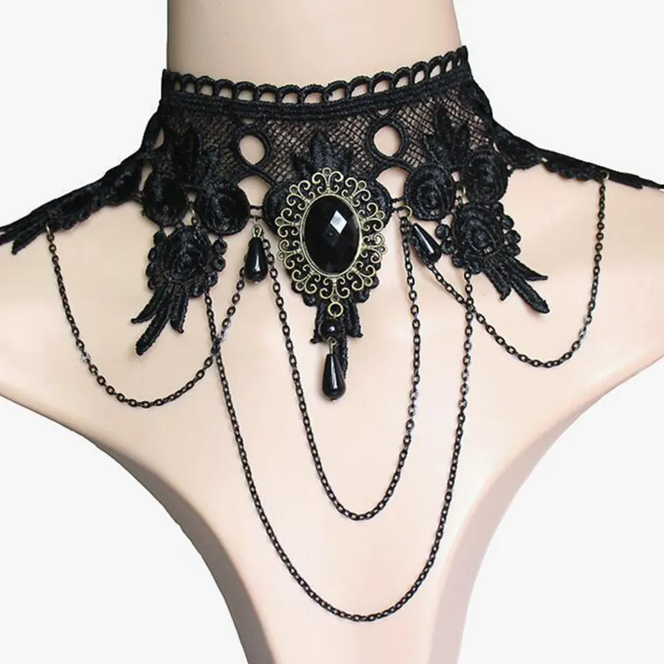 Gravitational wave Vintage Gothic Black Lace Choker Necklace with Extension  Chain Faux Crystal Pendant Tassel Punk Loli Style Halloween Jewelry Women 