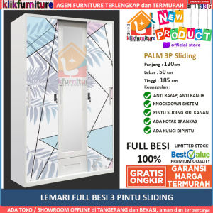 FULL BESI Lemari Pakaian Besi 3 Pintu Sliding PALM 3P + Cermin Laci
