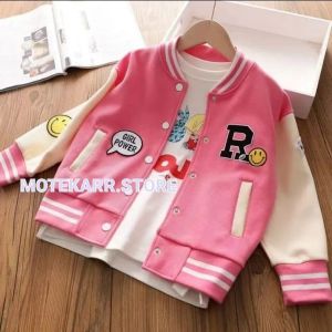 MOTEKARR Jaket Baseball anak perempuan pink/Jaket anak wanitaa pink/jaket varsity pink