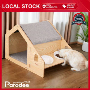 Wooden Cat House Feral Cat Shelter Outdoor Kitten Condo with with 2 Cat Bowl Semi-enclosed cat bed