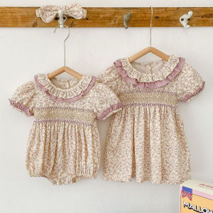 New Summer Baby Girl Clothes Short Sleeve Lace Flower Girls Dress Cotton Baby Romper Princess Dress Famil Matching Sister Outfit2026