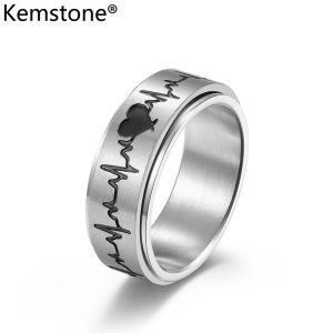 Kemstone thép không gỉ xoay điện tâm đồ nhẫn cho nam và nữ Spinner bạc đen trang sức mạ cho nam nữ