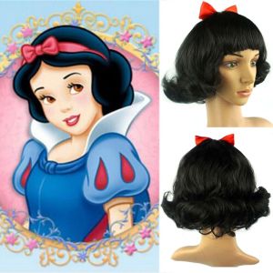 EXCES สีดำสีดำ วิกผมเจ้าหญิงสโนว์ไวท์ หมวกโบว์สีแดง หยิกหยักศก วิกผมหยักสั้น การแสดงบนเวที สังเคราะห์สังเคราะห์สังเคราะห์ วิกผมคอสเพลย์ฮาโลวีน สาวๆ