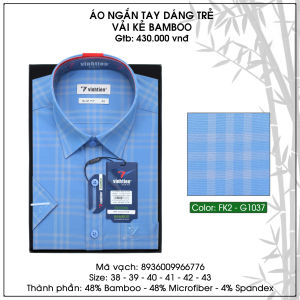 Áo Sơ Mi Ngắn Tay Vĩnh Tiến Dáng Slimfit Bamboo Kẻ Sọc Caro 430 N1