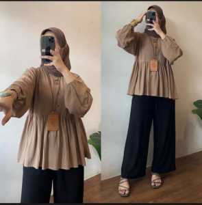 Setelan Cringkle Wanita One Set kekinian Rania 2in1 Kancing Hidup Baju + Celana