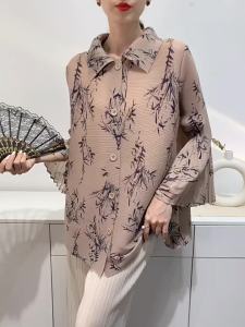 เสื้อจับจีบพิมพ์ลาย Comfort สำหรับผู้หญิงและหลวงขนาดใหญ่แขนเก้าแบบลำลองแบบป๊อปอัพมีจีบ # S-796