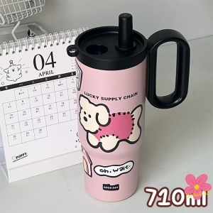 710ml/24oz 316สแตนเลส แก้วเก็บอุณหภูมิ ดีไซน์น่ารัก พร้อมหลอด มีฝาปิด พร้อมหูจับ แก้วน้ำเก็บความเย็น