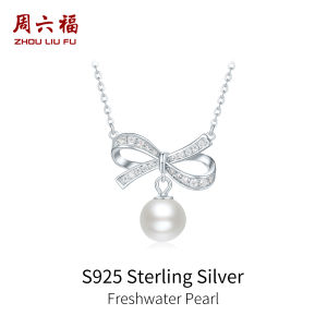 ZHOU LIU FU 周六福 S925 Sterling bạc ngọc trai nước ngọt Mặt dây chuyền với thiết kế nút buộc nơ cổ điển đồ trang sức thanh lịch vượt thời gian quà tặng cho phụ nữ 40 + 5cm x0614690 x 0614691x0614692x0614934