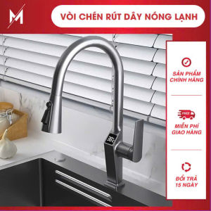 Vòi Rửa Chén Nóng Lạnh Đồng Thau Phủ Nano Xám Hiển Thị Nhiệt Độ - Không Kết Nối Dây Điện Tích Hợp Dây Rút Hiện Đại.