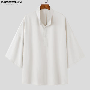 INCERUN ผู้ชายแขนสั้นเสื้อเชิ้ตดีไซน์เรียบง่ายทรงหลวมปกเสื้อแมนดารินธรรมดา (สไตล์เกาหลี)