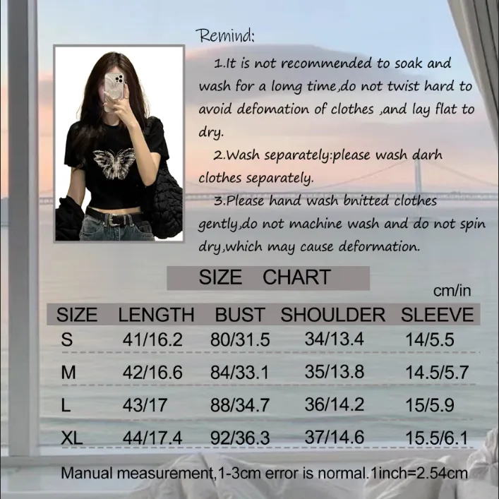 Black Top Women Summer Crop Tops Round-neck Short Sleeve Butterfly Pattern  Print Slim T-shirt Crop Top