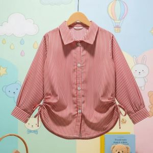 Kemeja Blouse Anak Stripe Perempuan Umur 3-13 Tahun Lengan Panjang/HEM SALUR SERUT BAWAH BAHAN KATUN SALUR USIA 4-13TH