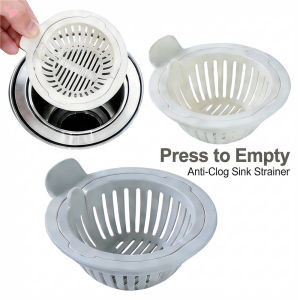 Rotatable Kitchen Sink Drain Strainer Press Handle Auto Dumping Basket  Anti-Clog Plastic Residue Filter