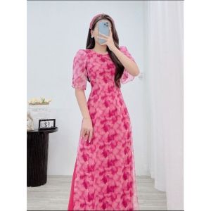 Áo dài truyền thống TAY BỒNG cánh tiên cổ tròn VOAN TƠ HOẠ TIẾT 4tà trẻ trung thanh lịch chụp hình dự lễ cưới tết đẹp