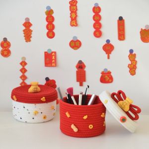 STVML การ์ตูน ตะกร้าเก็บของปีใหม่ ตกแต่ง ทำด้วยมือ ตะกร้าเชือกฝ้าย หลายฟังก์ชัน พร ผู้จัดระเบียบของจิปาถะ ห้องนอน