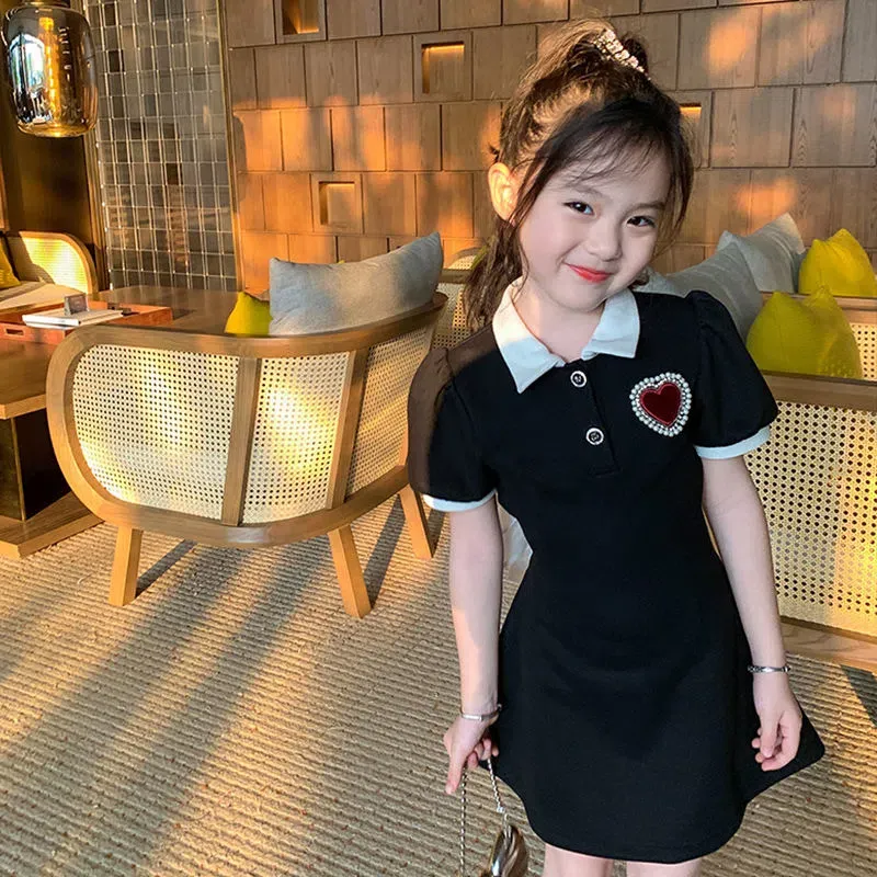 Angugu Children's Fashion High Quality Korean Preppy Slim Fit Polo Collar  Back Bow Dress for Kids Girl Casual Clothes To To To To To To  - Main Image
