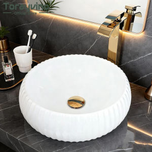 LDIES Torayvino White Ceramic Round Bathroom Sink Gold Brass Mixer Faucet Lavatory Bath Combine Vessel Vanity w/ Pop-up Combo Kit 9M6T2