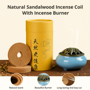 Natural Sandalwood Incense Coils with Burner Air Purifying Stress Relief Meditation Aromatherapy Long-Lasting Fragrance for Home & Yoga