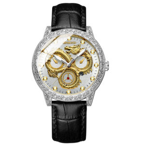 BINBOND Watch for Men Stainless steel watch Leather band Dragon Luminous Waterproof Calendar Luxury big Dial Quartz Wristwatch with free WATCH BOX