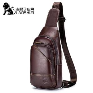 LAOSHIZI Cowhide Leather Casual Fashion Crossbody Chest Bag mens leather bag Travel Shoulder Bag