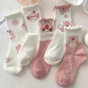 5PASANG Kaos Kaki Panjang Wanita Motif Pink Bear Lucu