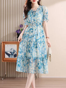 Impression Fashion Store Women Chiffon Summer O-neck Short Puff Sleeve High Waist A-line Long Dress