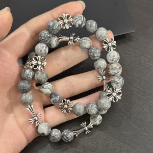 S925 Silver Feng Shui Ink Stone Elastic Round Bead Bracelet Cross Flower Bead Retro Old Bracelet Neutral Style All-match