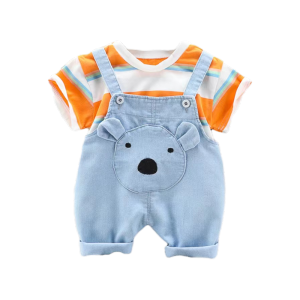 Pakaian anak-anak pakaian anak usia 0-4 tahun Kaos Leher Kru Bergaris Lengan Pendek overall kartun Anak Laki-laki Musim Panas Bernapas Kualitas Tinggi Kapas Baru Penjualan Panas Dua Sepotong Set