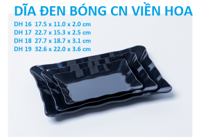 Dĩa nhựa melamine chữ nhật đen bóng viền hoa phục vụ nhà hàng quán ăn - DH 16