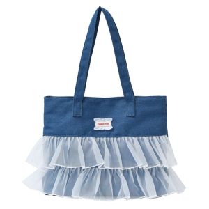 DYJKOUG Portable Denim Blue Tote Bag Large Capacity Korean Style Commuting Shoulder Pouch Storage Bag Polyester Denim Lace Handbag Women